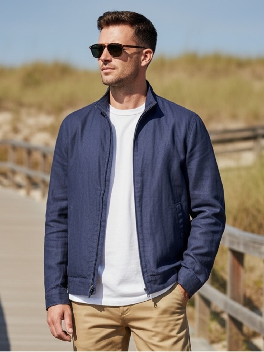 Talbots Mens Large Silk Linen Harrington Jacket Navy Fill Zip Old Money Coastal